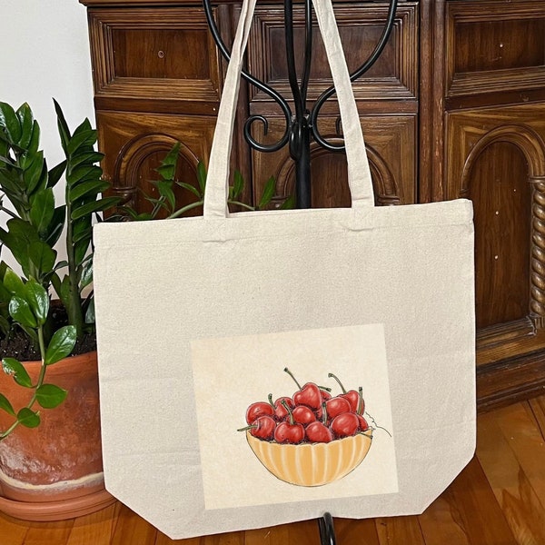 Cherry Tote bag, Big grocery bag, Cotton shopping bag, Fruit beach bag, Vintage drawing reusable bag, Witchy eco-friendly bag