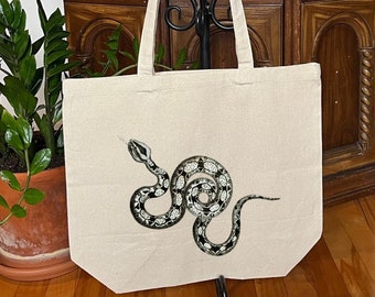 Snake Tote bag, Big grocery bag, Cotton shopping bag, Animal beach bag, Vintage drawing reusable bag, Witchy eco-friendly bag