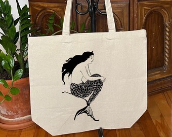 Mermaid Tote bag, Big grocery bag, Cotton shopping bag, Siren beach bag, Vintage drawing reusable bag, Witchy eco-friendly bag