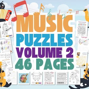 May include: A collection of music-themed puzzles, titled "Music Puzzles Volume 2," with 46 pages. The image features musical notes, cartoon cats playing instruments, and various puzzle pages, including mazes and coloring pages. The background is a light blue sky.