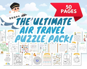 Op de afbeelding: Een kleurrijke illustratie van een piloot die een vliegtuig bestuurt met de tekst "The Ultimate Air Travel Puzzle Pack!" en "50 Pages". De afbeelding toont een verscheidenheid aan puzzels, waaronder doolhoven, woordzoekers en kleurplaten, allemaal met als thema reizen per vliegtuig.