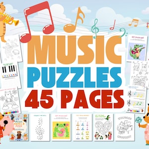 May include: A colorful illustration of a music-themed activity book with 45 pages. The cover features a variety of musical instruments, animals, and puzzles. The title of the book is "Music Puzzles 45 Pages".
