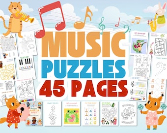 May include: A colorful illustration of a music-themed activity book with 45 pages. The cover features a variety of musical instruments, animals, and puzzles. The title of the book is "Music Puzzles 45 Pages".