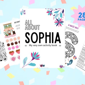 Può includere: Un libro di attività stampabile per bambini con il nome Sophia sulla copertina. Il libro ha 28 pagine e include attività come colorare, labirinti e parole crociate.
