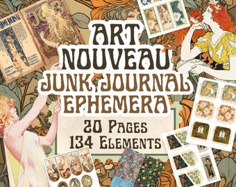 Art Nouveau Junk Journal Ephemera PDF |  20 Page Download | Digital Collage Sheet  | William Morris Prints | Tags Stamps Pockets Pages &More