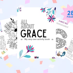 Może przedstawiać: Czarno-biała książka z ćwiczeniami z kwiatowym wzorem i tytułem "All About Grace: My very own activity book". Książka ma 28 stron i zawiera labirynty oraz inne ćwiczenia.