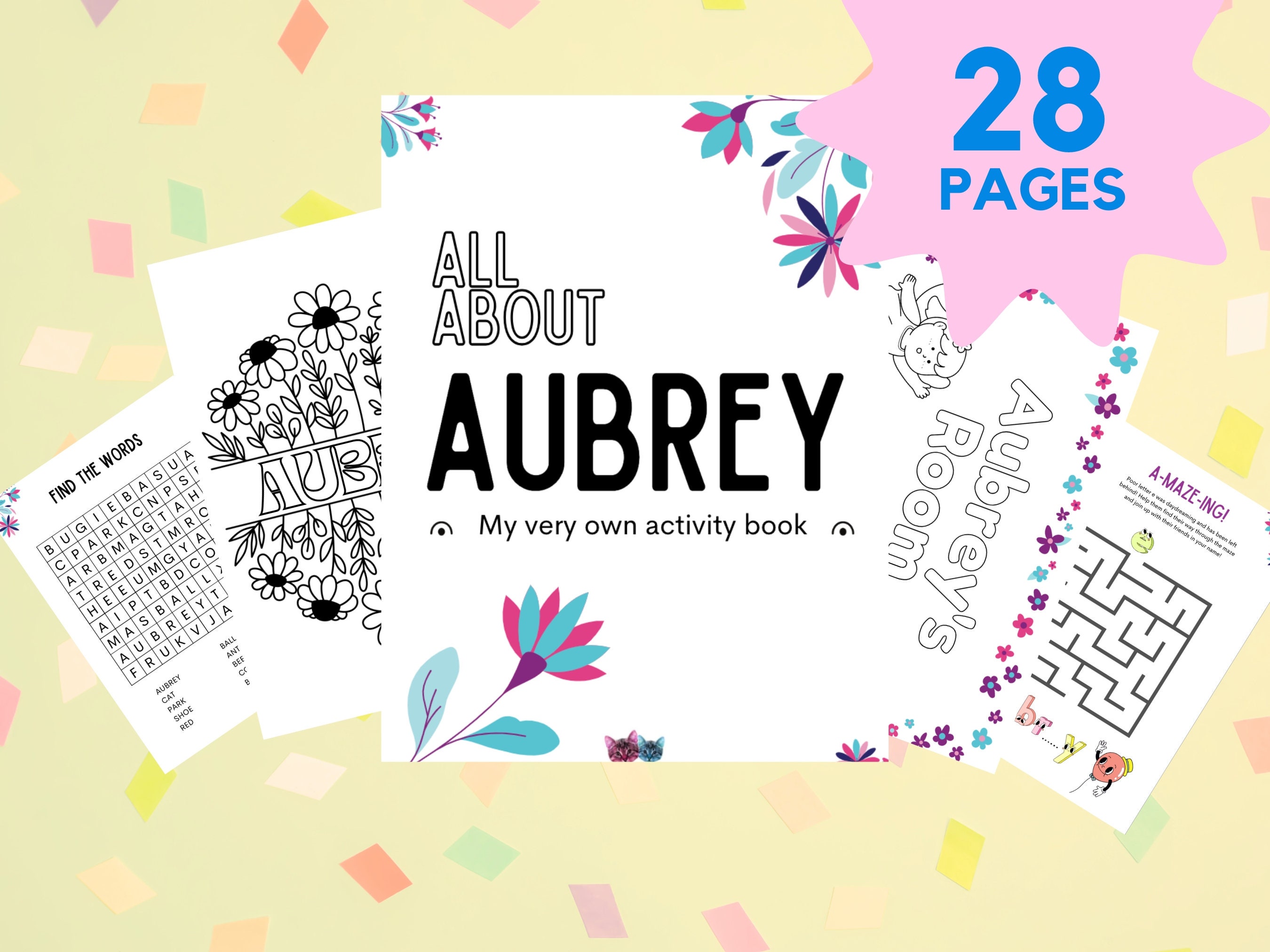 Custom Activity Book Instant Download | Aubrey | Personalized Printables | Kids Fun Puzzle + Craft Pack