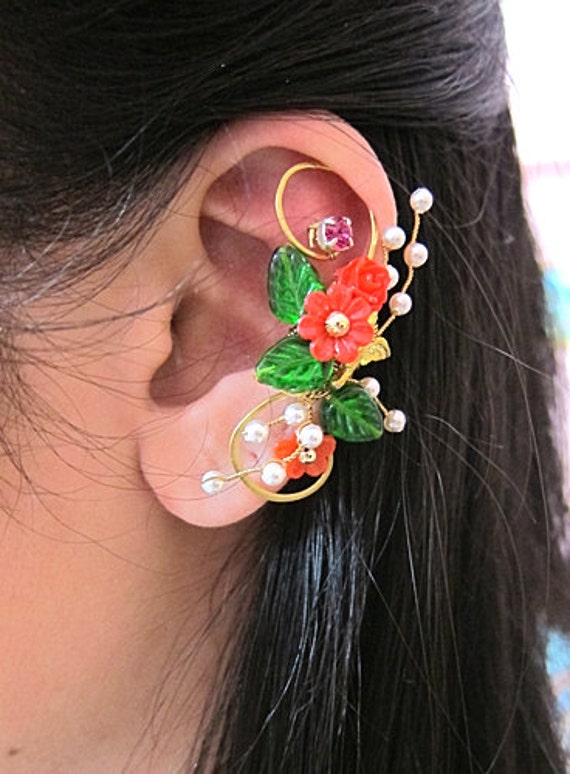Items similar to Elegant Ear Cuff Flower Ear Cuff Red Ear Cuff