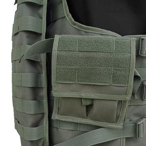 May include: Olive green tactical vest with multiple pouches and MOLLE webbing. The vest features adjustable straps and buckles for a secure fit. The design includes a front pocket with a hook-and-loop closure and additional storage compartments.