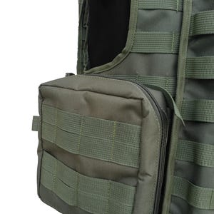 May include: Olive green tactical vest with multiple MOLLE webbing straps and a zippered pouch. The vest features a modular design for attaching additional gear. The image shows a close-up of the vest's details, highlighting its durable construction and functional design.