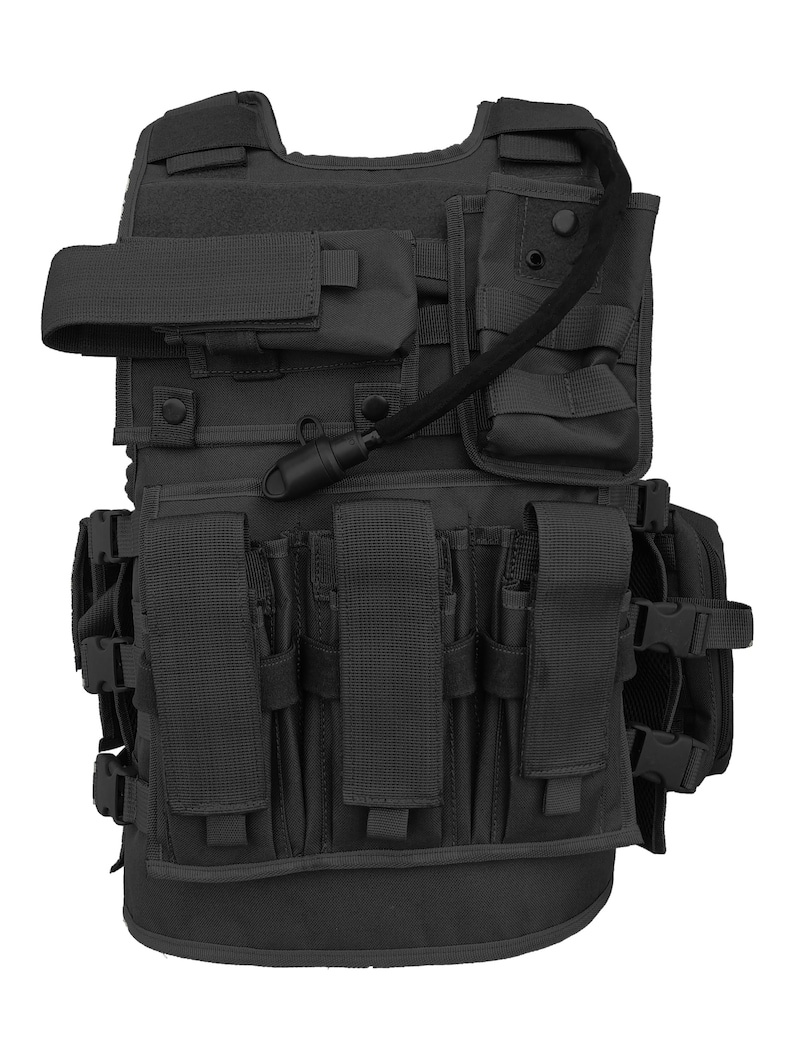 May include: Black tactical vest with multiple pouches, straps, and a hydration system. The vest features various compartments for carrying equipment and is designed for protection and utility. The vest has adjustable straps and buckles for a secure fit.