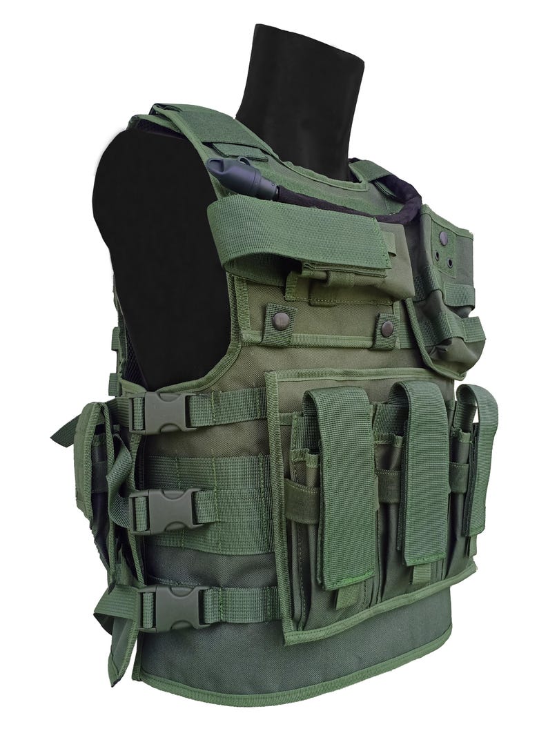 May include: Olive green tactical vest with multiple pouches, straps, and buckles. The vest features various compartments and adjustable straps for a secure fit. It is designed for utility and protection, with a focus on functionality and durability.