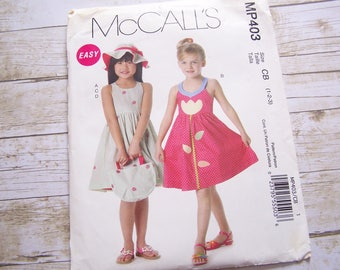 McCalls MP403 girl toddlers dress sewing pattern with hat tote bag sundress pattern size 1-2-3 uncut