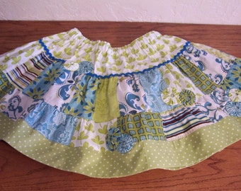 Girls Patchwork Twirl Skirt size 6X 7 Summer Skirt Aqua and Lime Print Skirt