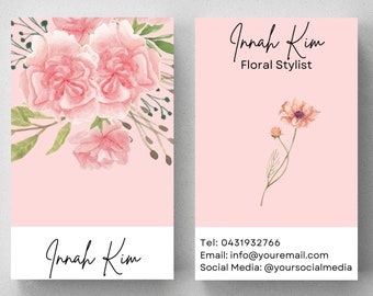 FLORA – Visitenkartenvorlage, moderne Visitenkarte mit rosa Blumen und Farben, bearbeitbar, zum Ausdrucken, fügen Sie Ihr Logo hinzu