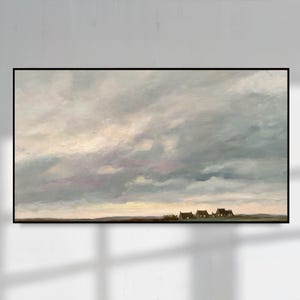 May include: An oil painting depicting a cloudy sky and a row of houses on the horizon. The sky is predominantly grey, with touches of pink and yellow. The houses are dark silhouettes.