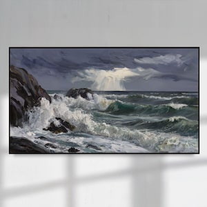 May include: An oil painting depicts a stormy seascape. Dark, dramatic clouds loom over the ocean, with waves crashing against rocky cliffs. The color palette includes shades of gray, white, and teal, creating a sense of movement and power.