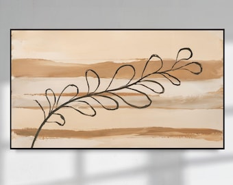 Arte minimalista botánico para Samsung Frame TV / Arte mural de naturaleza neutra / Dibujo lineal de hoja beige / Descarga digital 4K