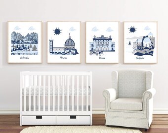 Nursery wall art,travel theme nursery,baby boy room decor,blue,gray,Dolomites,Florence,Vienna,Santorini