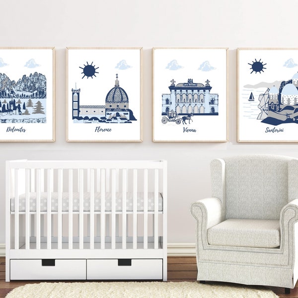 Nursery wall art,travel theme nursery,baby boy room decor,blue,gray,Dolomites,Florence,Vienna,Santorini