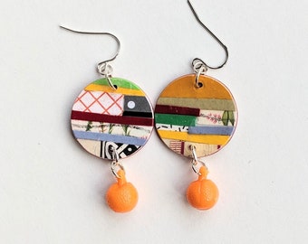 Circles and Stripes Collage Art PAPER EARRINGS Oranges Plastic Beads FUN