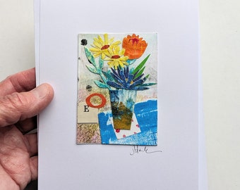 Yellow Flowers Vase Floral ORIGINAL COLLAGE Art Greeting Card Monoprint Hand-painted Gelliprint