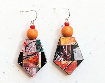 Collage Art PAPER EARRINGS Abstract Orange Black