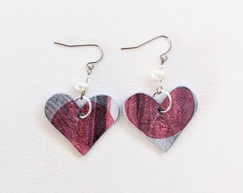 HEARTS Valentines PAPER EARRINGS Red Circles Mono print Gelli Dangle