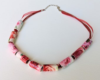 ROSES Paper Bead Necklace Vintage Greeting Cards Adjustable Choker