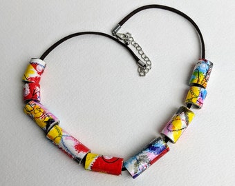 ABSTRACT PAINT Paper Bead Necklace HANDPAINTED Adjustable Choker