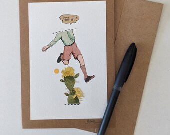 Risk ORIGINAL COLLAGE ART Surrealist Vintage Illustration Cactus Greeting Card