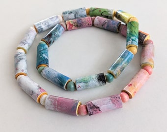 Handpainted Abstract PAPER BEADS Necklace Wood Dyed