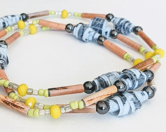 Paper Bead Necklace STATEMENT Sculptural Black Grey Brown Yellow Long