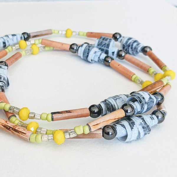 Paper Bead Necklace STATEMENT Sculptural Black Grey Brown Yellow Long