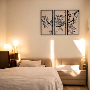 Peach Blossom Metal Wall Art - 3 Piece Floral Decor, Black Iron Wall Hanging, Modern Nature Artwork, Living Room & Bedroom Gift