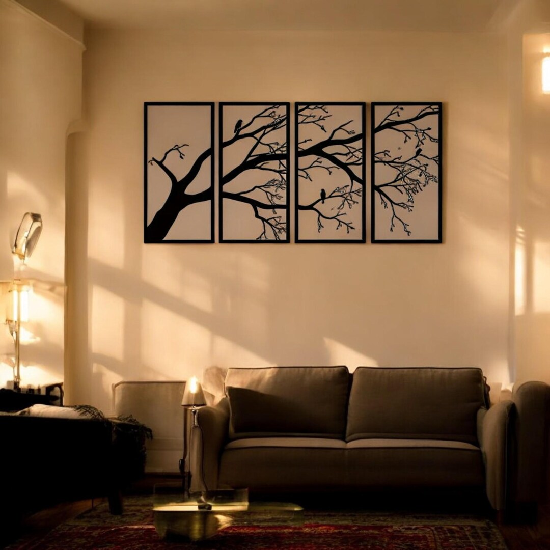 Modern Metal Wall Art | 4-panel Tree Branch Decor | Black Bird ...