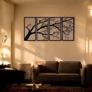 Modern Metal Wall Art | 4-Panel Tree Branch Decor | Black Bird Silhouette | Minimalist Wall Hanging | Contemporary Home Gift