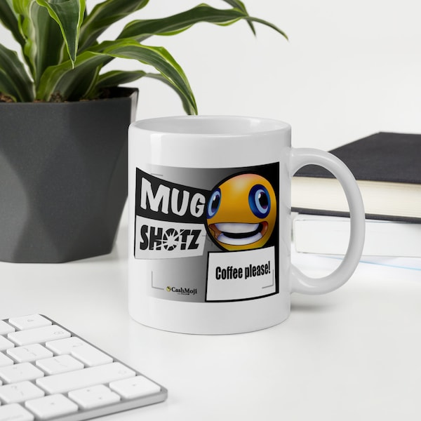 White glossy mug, cool mug design, emoji mug design, happy face emoji mug design, personalized design on mug, Mug shotz