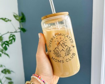 overstimulated moms club glass tumbler with lid, mom life iced coffee glass, busy mom tumbler, gift for mom glass cup, moms club iced coffee