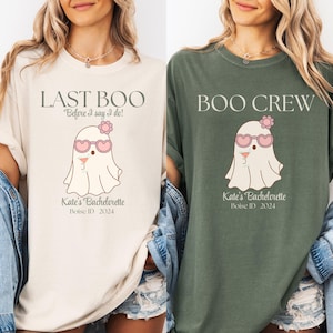 Camiseta personalizada Ghost Bachelorette, camiseta Spooky Bachelorette, presente para festa fantasma de Halloween, Last Boo Before I Do, camiseta Boo Crew, camiseta personalizada de outono