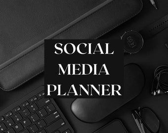 May include: A black and white image of a social media planner with a keyboard, mouse, phone, glasses, and a watch. The text "SOCIAL MEDIA PLANNER" is in white on a black background. The text "@THE.FACELESSWEALTHGODDESS" is at the bottom of the image.