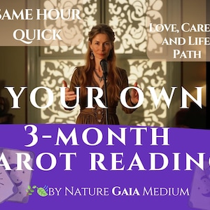 Könnte beinhalten: Eine Frau in einem braunen Kleid steht vor einem dekorativen Bildschirm und spricht in ein Mikrofon. Der Text auf dem Bild lautet "SAME HOUR QUICK", "LOVE, CAREER AND LIFE PATH", "YOUR OWN", "3-MONTH TAROT READING" und "BY NATURE GAIA MEDIUM".