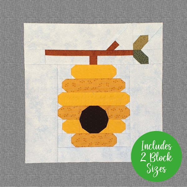 Beehive FPP Quilt Block perfect for spring and summer themed patchwork and quilt projects, comes with two block sizes and two door options.