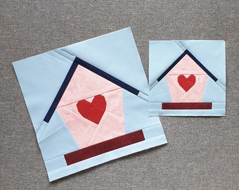 Bird House FPP Quilt Block pdf pattern in 2 sizes, perfect for Valentine's Day and bird lovers