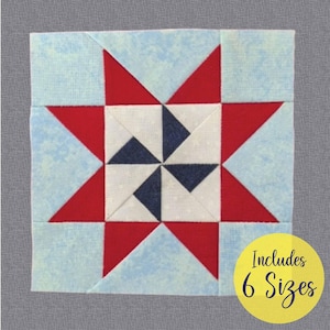 Puede incluir: Un bloque de edredón cuadrado con un diseño de estrella en telas rojas, blancas y azul marino. La estrella está colocada sobre un fondo azul claro. Un círculo amarillo con el texto "Includes 6 Sizes" está en la esquina inferior derecha.