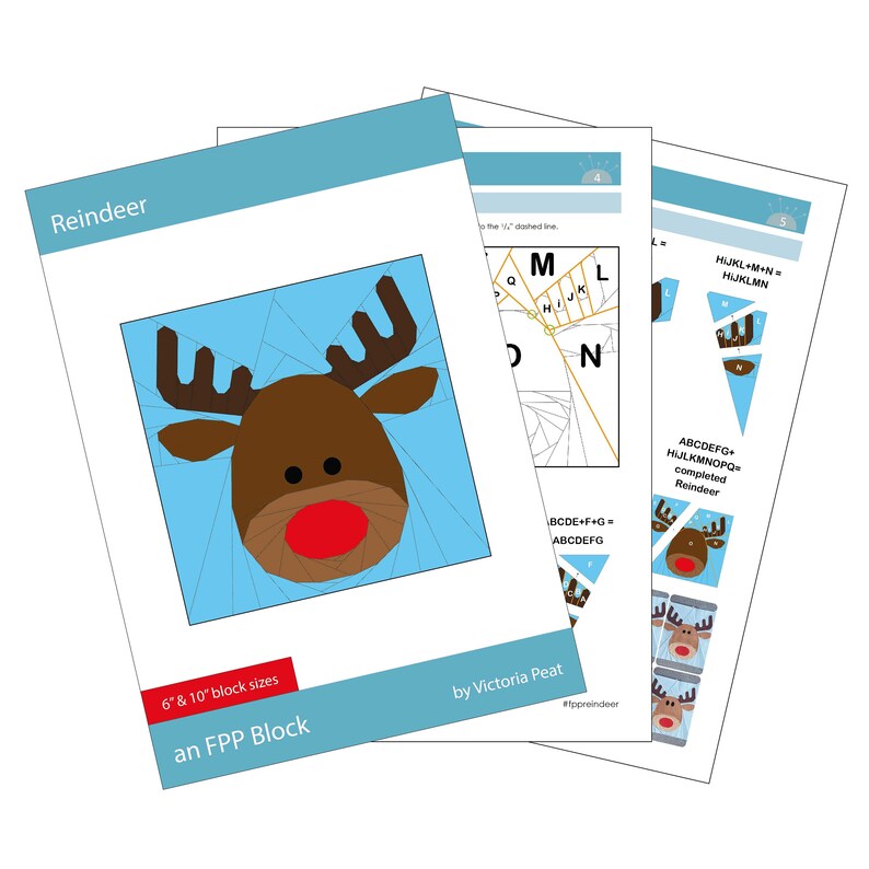 Reindeer FPP quilt block pdf pattern in 2 sizes image 6