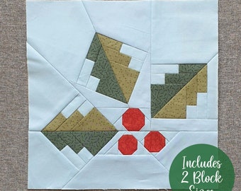 Sprig of Holly FPP Quilt Block ideal for Christmas patchwork and quilt projects, comes with two block sizes