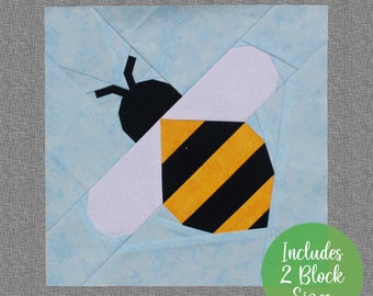 Flying Bumble Bee, Honey Bee FPP Quilt Block perfect for spring and summer themed patchwork and quilt projects, comes with two block sizes