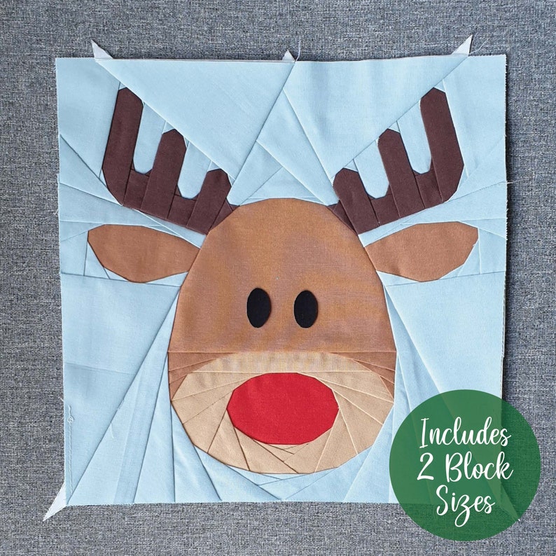 Reindeer FPP quilt block pdf pattern in 2 sizes image 1