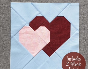 Herz zu Herz FPP Quilt Block pdf Muster in 2 Größen, Double Heart Quilt Block, Herz Quilt Block perfekt zum Valentinstag